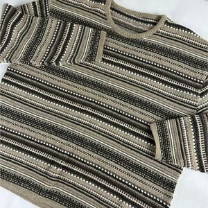 Vintage Brown Neutral Earth Tones Woven Knit Striped Grandpa Sweater Size L XL